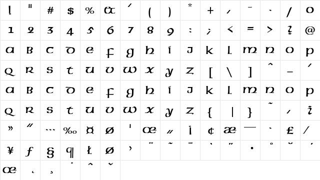 Grant Wood Condensed Regular  glyph index