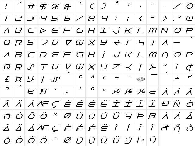 8th Element Italic Italic  glyph index