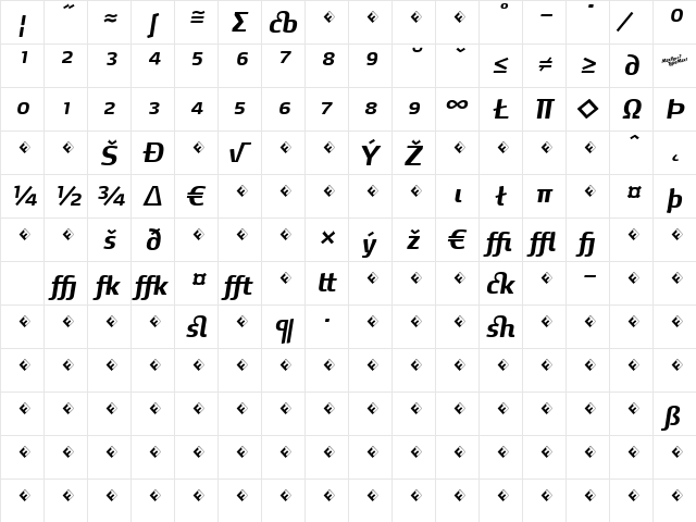 MaxDemiSerif-BoldItalicExp Regular  glyph index