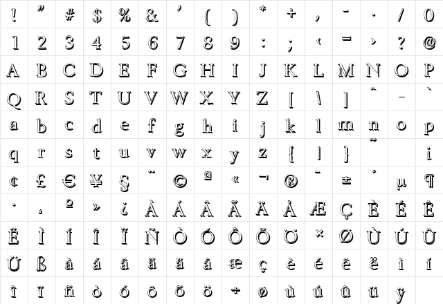 BelfastShadow Regular  glyph index