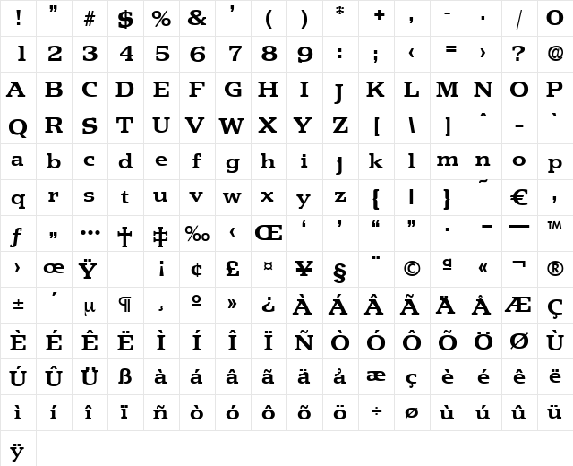 Penthouse-Bold Regular  glyph index