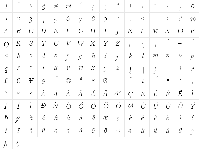 FreightDispLightItalic Regular  glyph index