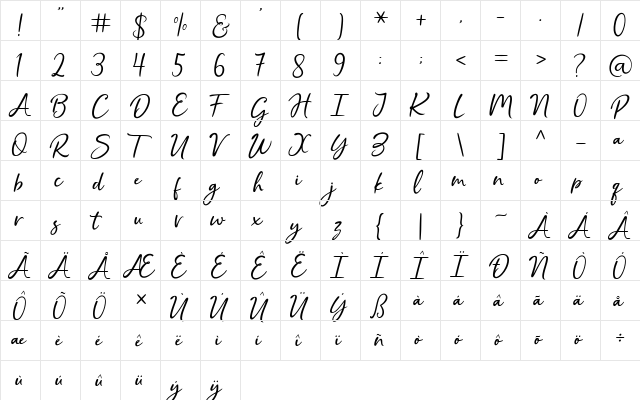 Cristalistic Script Regular  glyph index