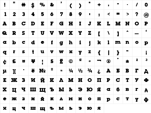 Luga Bold  glyph index