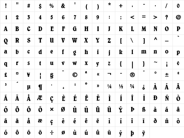 Belwe LT Condensed Regular  glyph index