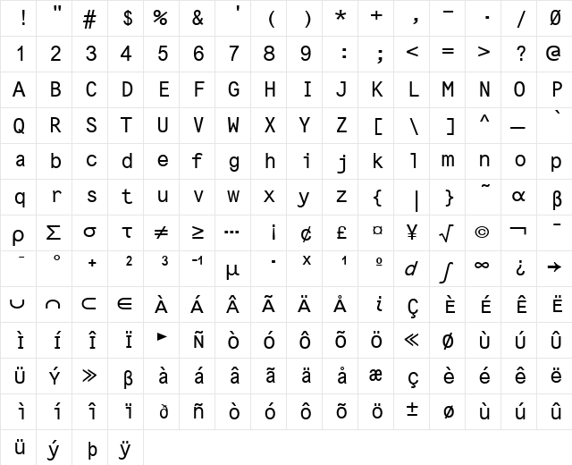 TI-92p Mini Sans Normal  glyph index