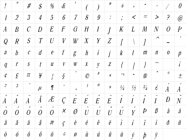 Roomy Thin Italic  glyph index
