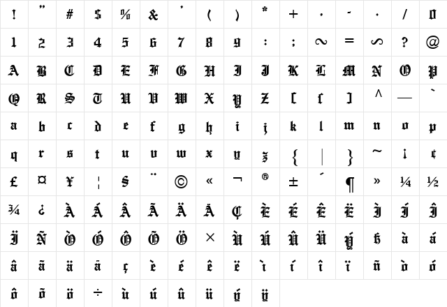 English Towne Regular  glyph index