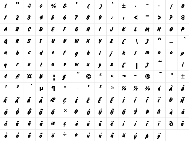 Flash Bold  glyph index