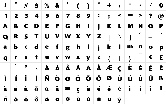 BengasiBold Regular  glyph index