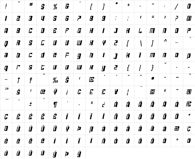 SF DecoTechno Oblique  glyph index