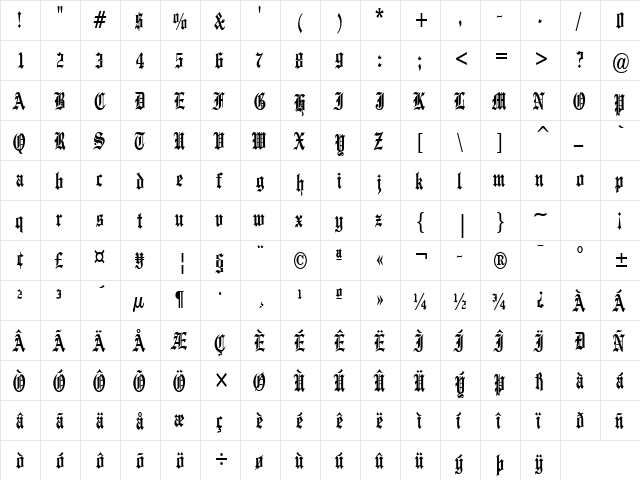 Engraved Thin Bold  glyph index