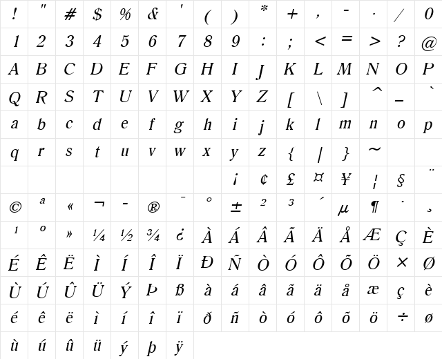 Roomy Italic  glyph index