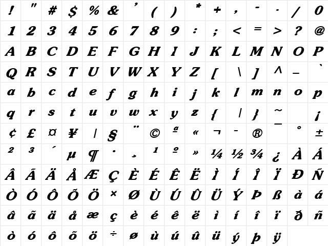 Sojourn BoldItalic  glyph index