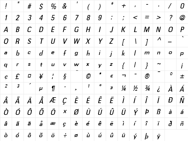 Gauss-Condensed Italic  glyph index