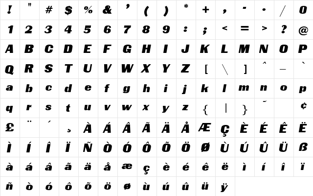 Chatten Regular  glyph index