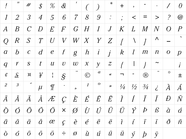 ITC Cheltenham Std Light Italic  glyph index