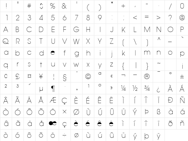 TrendexLightSSK Regular  glyph index