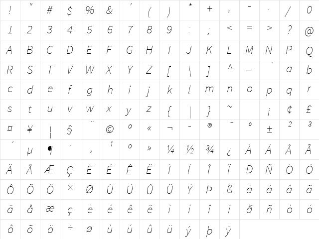 Source Sans Pro ExtraLight Italic  glyph index