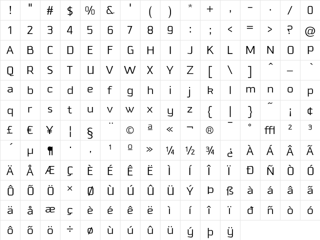 Downtempo Light  glyph index