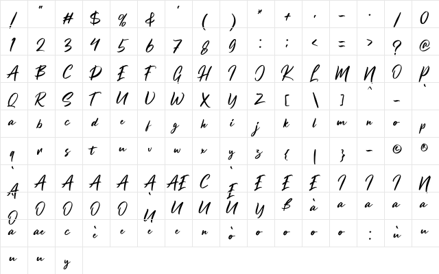 Brushter Regular  glyph index