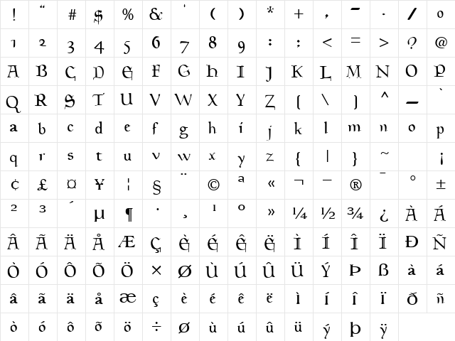 General Regular  glyph index