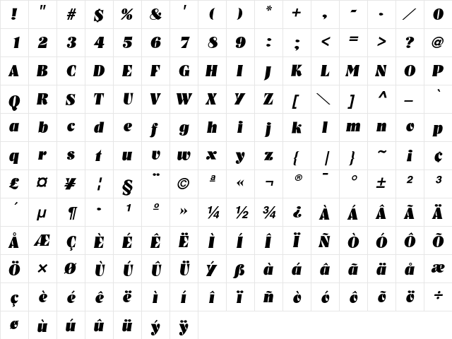 Nashville HvyItl  glyph index