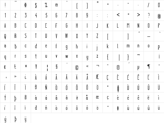 Ygraine Skeleton  glyph index