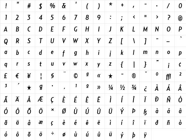 RelayCond-MediumItalic Regular  glyph index