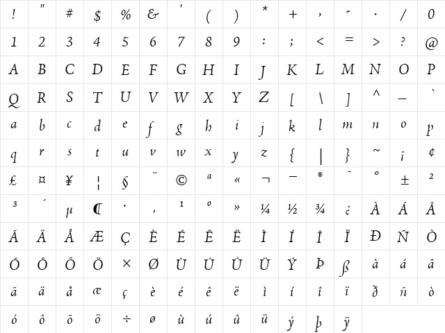 AdobeJenson RomanItalic  glyph index
