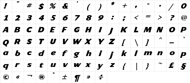 ArtemiusSans Black Italic  glyph index