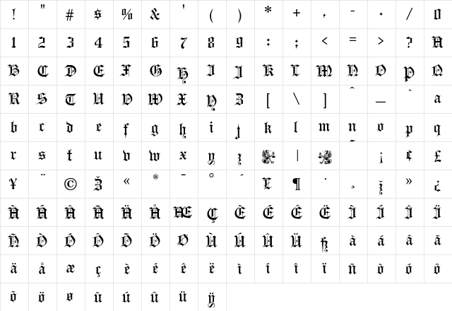 GutenbergGothic Regular  glyph index