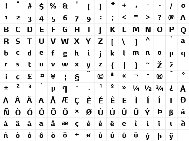 MaxDemiSerif-Bold Regular  glyph index