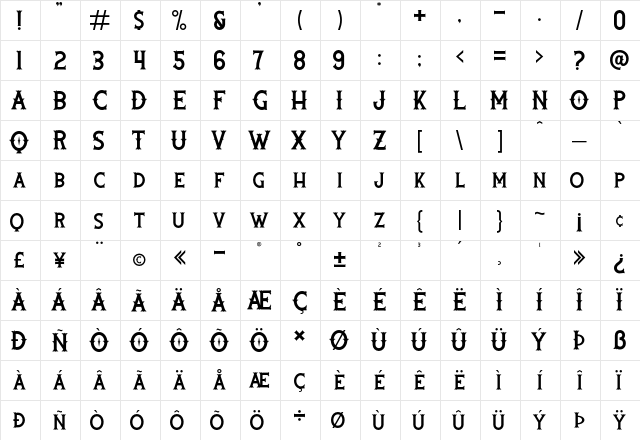 Rooters Regular  glyph index