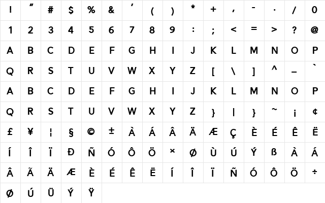 Alesand ExtBd Regular  glyph index