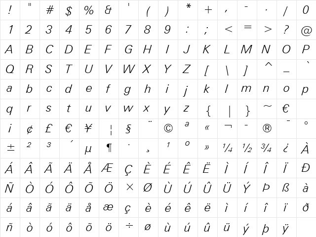 Zurich Lt BT Light Italic  glyph index