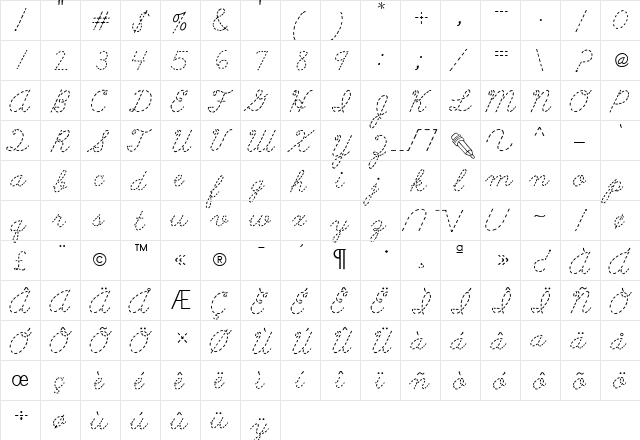 AbcCursiveDotted Regular  glyph index