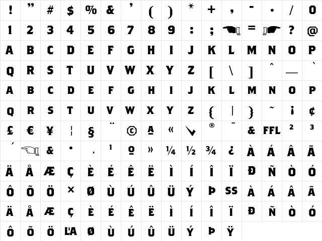 Brothers Bold  glyph index