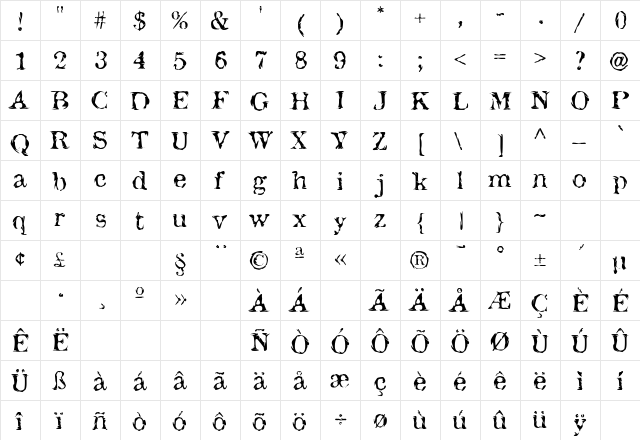 Jack the Hipper Regular  glyph index
