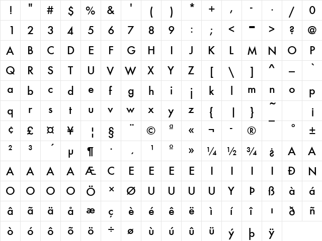 Futura T Medium  glyph index