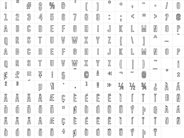 Gobold Hollow Bold Regular  glyph index