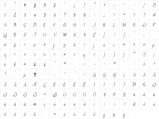 Feldicouth Compressed Italic Regular  glyph index