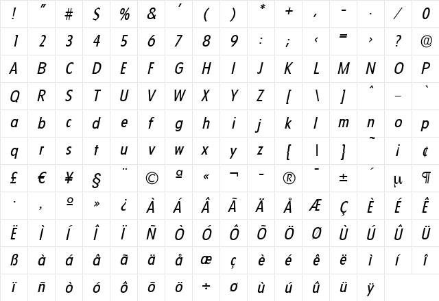 LuisBecker Italic  glyph index