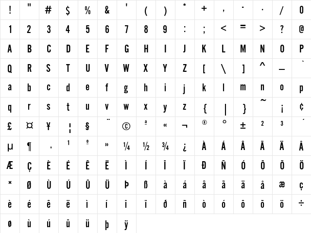 AlternateGothicEF-NoTwo Regular  glyph index