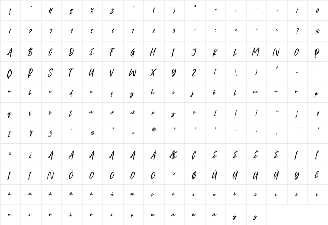 Billybond Regular  glyph index