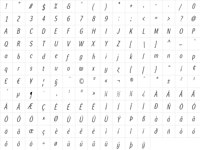 DynaGrotesk LC Italic  glyph index