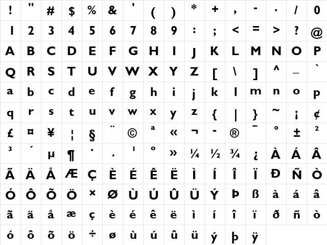 Gill Sans Bold  glyph index