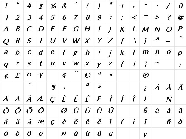 Friends 13 Bold Italic  glyph index