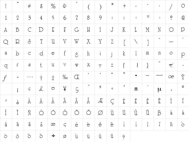 Salinas Regular  glyph index