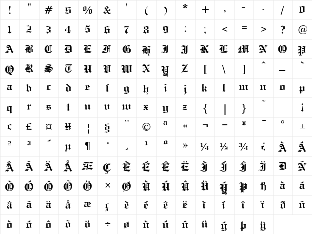 Chivalry Regular  glyph index